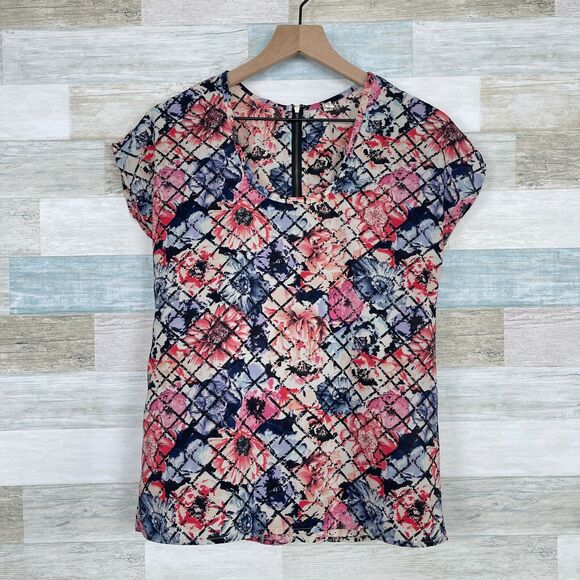 Japna Floral Grid Print Woven Top Pink Blue Exposed Back Zipper Casual Womens XS - Picture 1 of 5